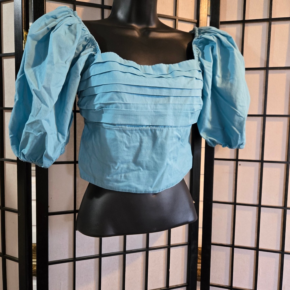 Abercrombie & Fitch Light Blue Pleated Puff Sleeve Smocked Crop Top Small